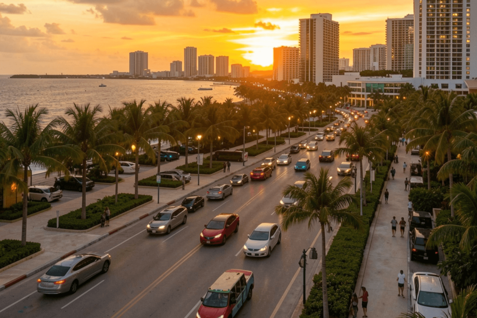 Avenida costera de Cancún al atardecer