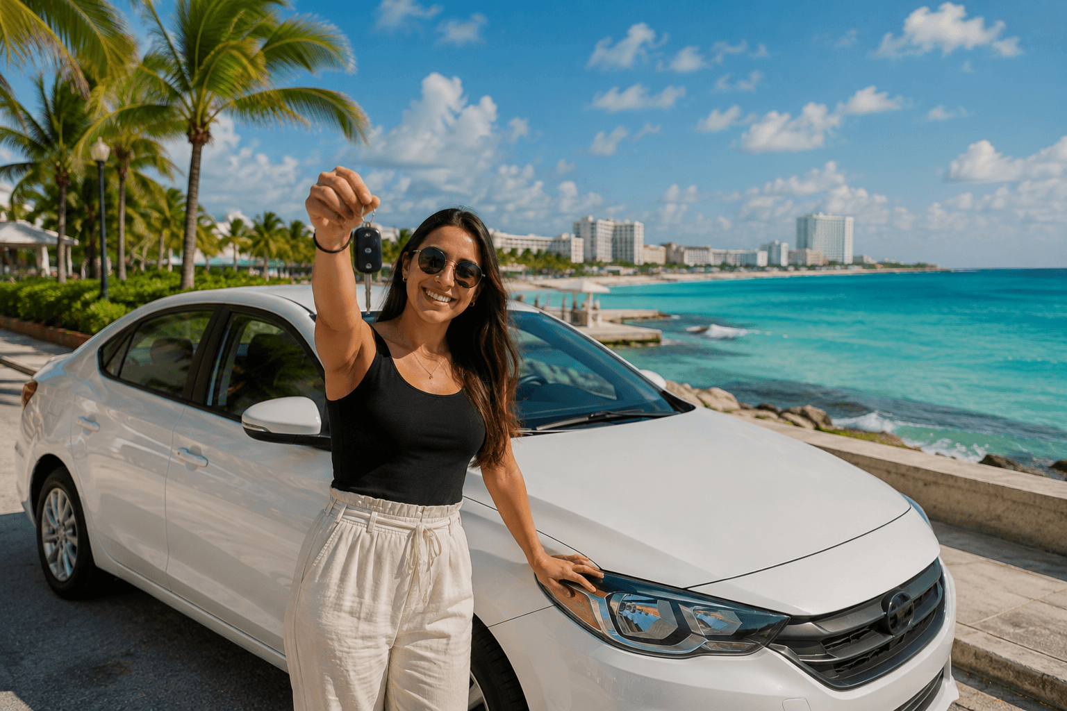 Clienta sonriendo con las llaves de su auto rentado frente al mar Caribe en Cancún
