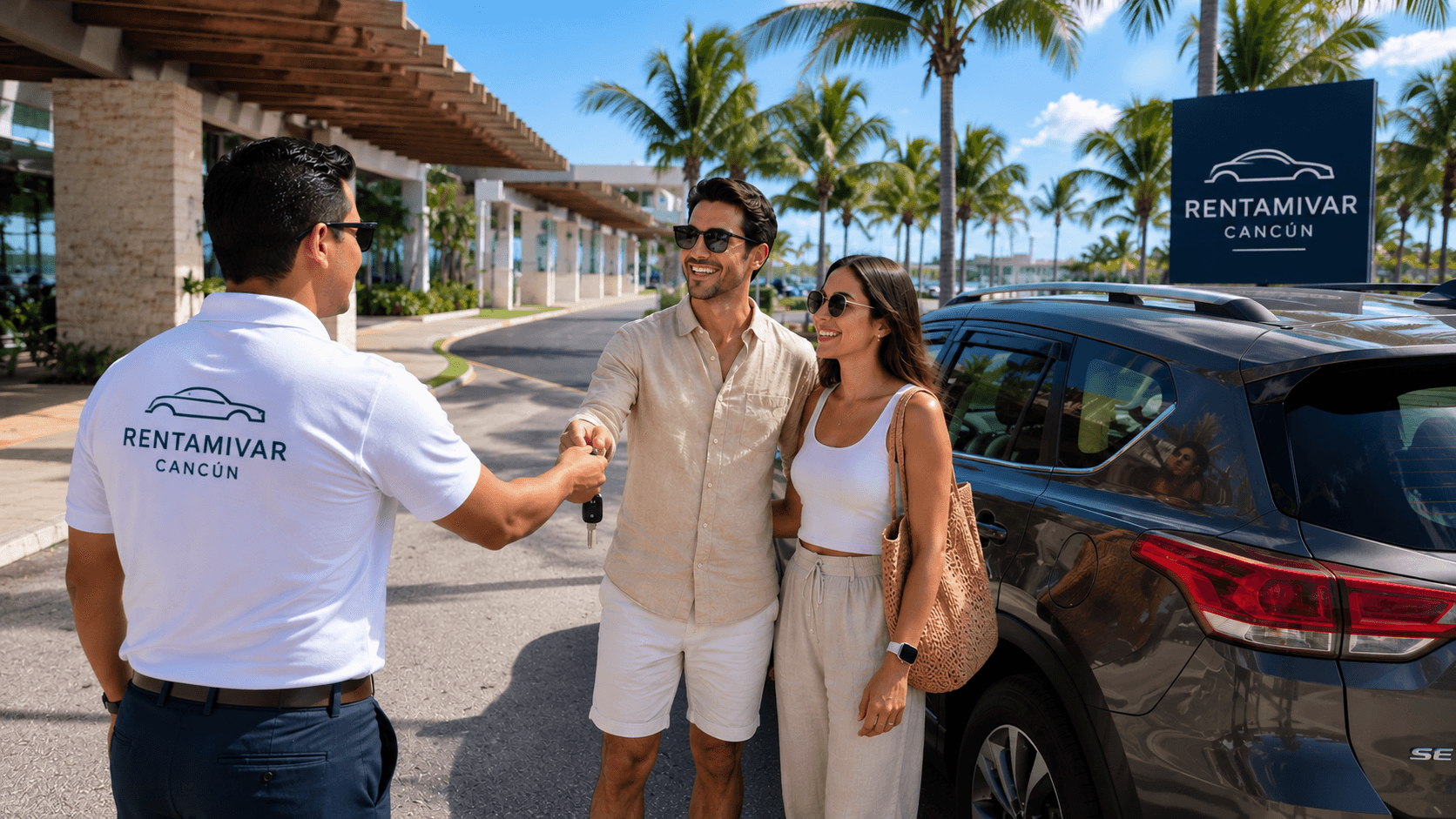 Asesor de Rentamivar recibiendo a una pareja de turistas con maletas en el aeropuerto de Cancún