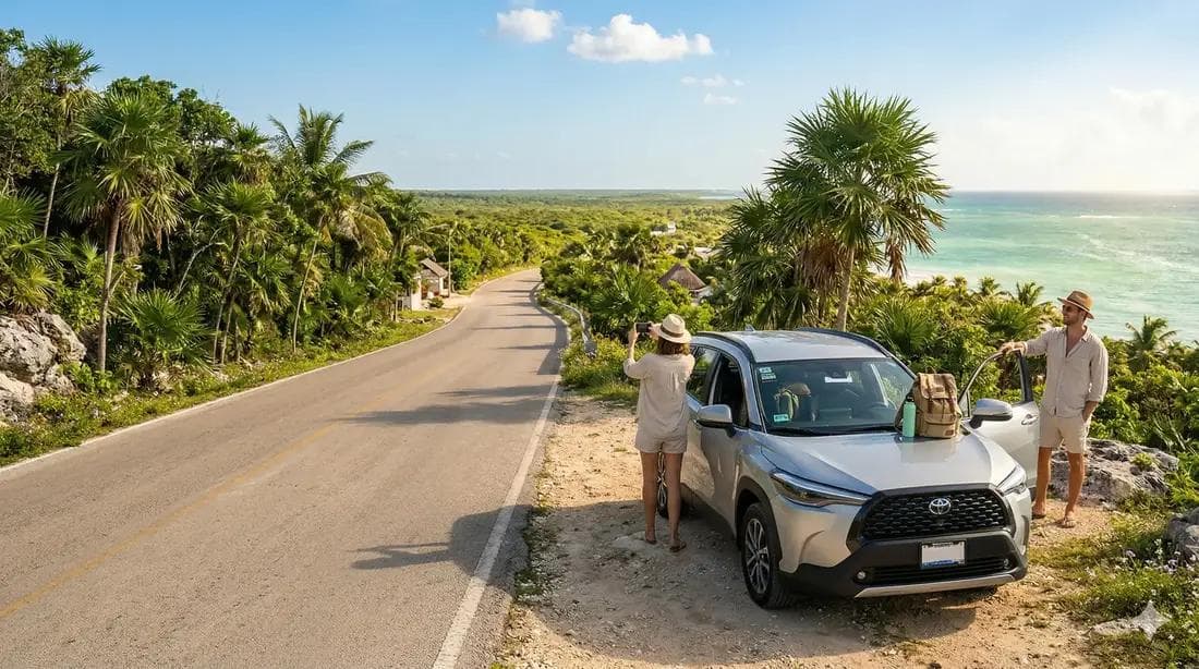 Auto rentado estacionado en una carretera costera de la Riviera Maya